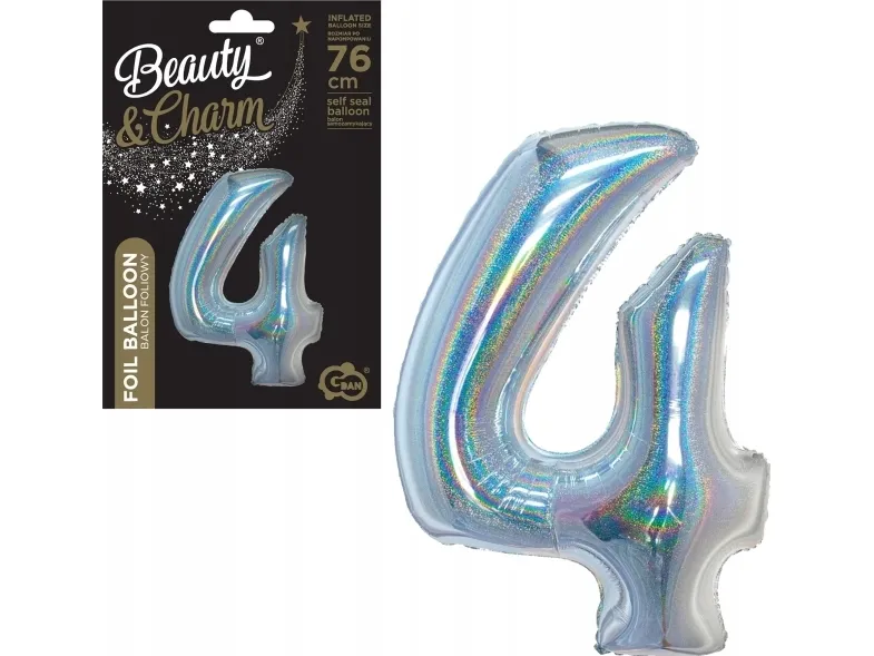 GoDan folieballon B_C Numeral4 holografisk sølv CH-BHS4 44765