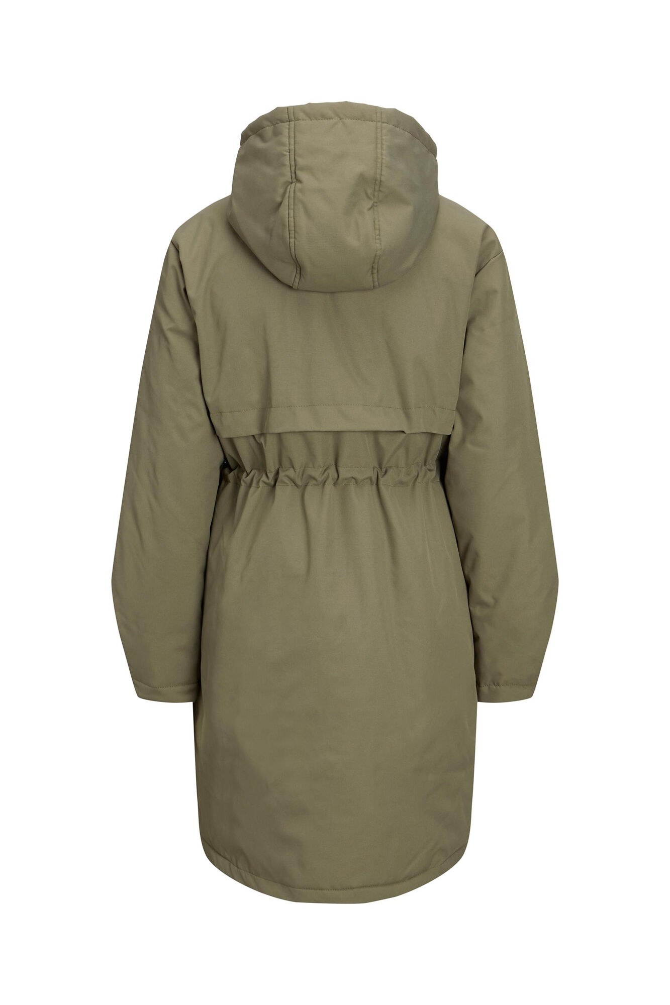 Parka feminina com capuz e cintura ajustável.