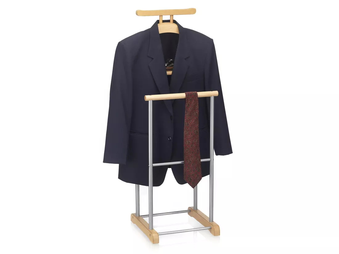 Valet de chambre MEDINA chevalet de nuit double portant pour vêtements, en MDF couleur hêtre et métal laqué argenté
