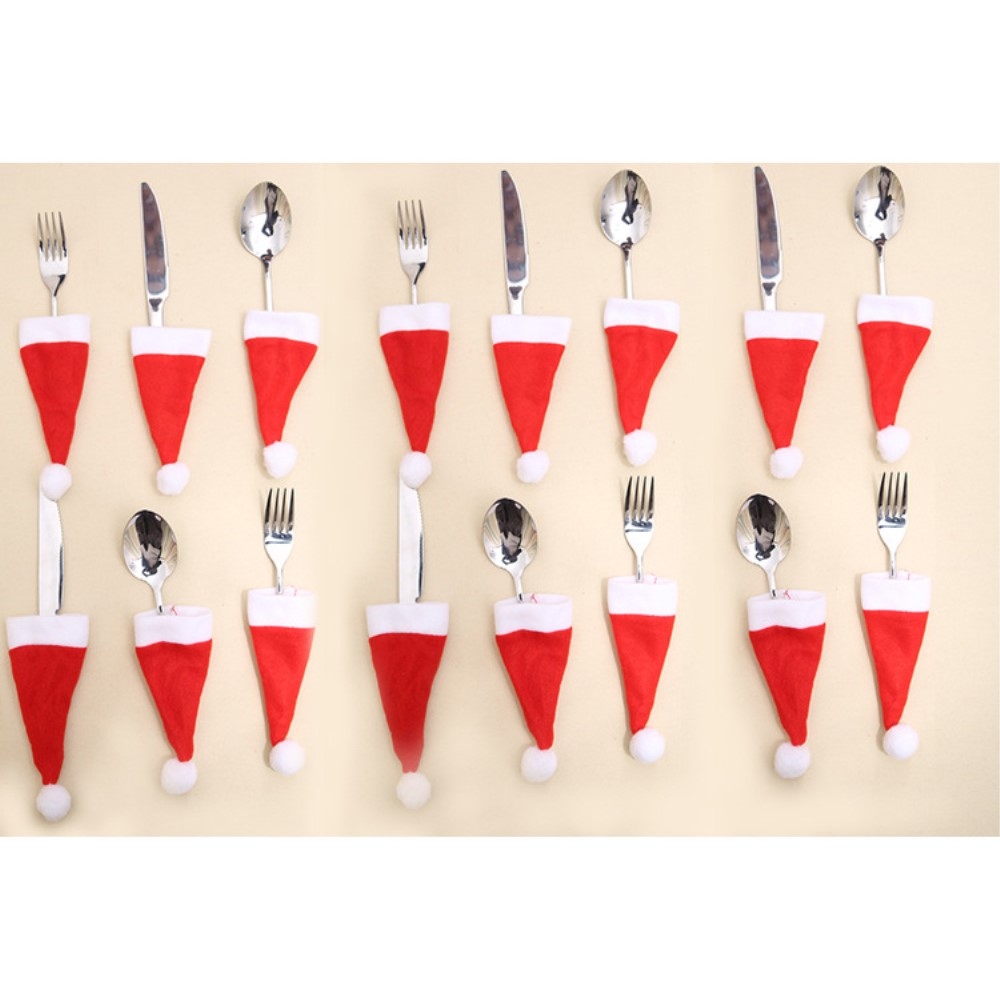 (10er Set) Filz Besteck Tasche Weihnachten Party Tisch Deko für Messer / Gabel / Löffel - Nikolausmütze