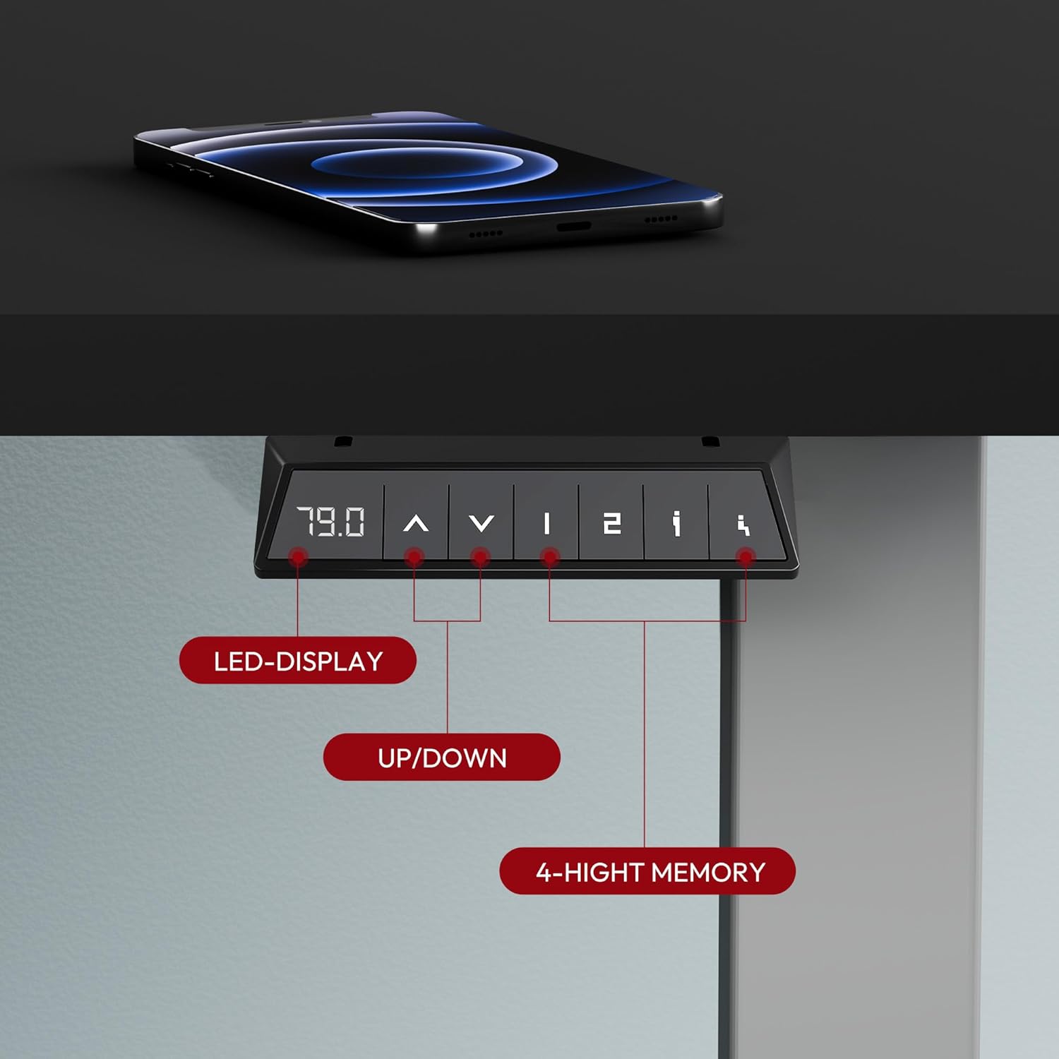 SANODESK Höhenverstellbarer Schreibtisch Elektrisch Tischgestell mit 2 Haken und LED-Höhenanzeige,Antikollisionsfunktion und Memory-Steuerung,Grau