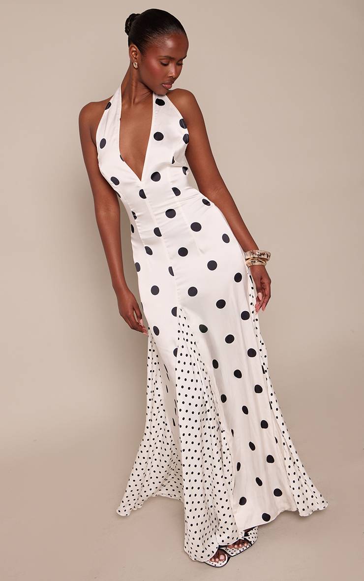 Blanc Robe Longue À Col Licou Et Pois Contrastés