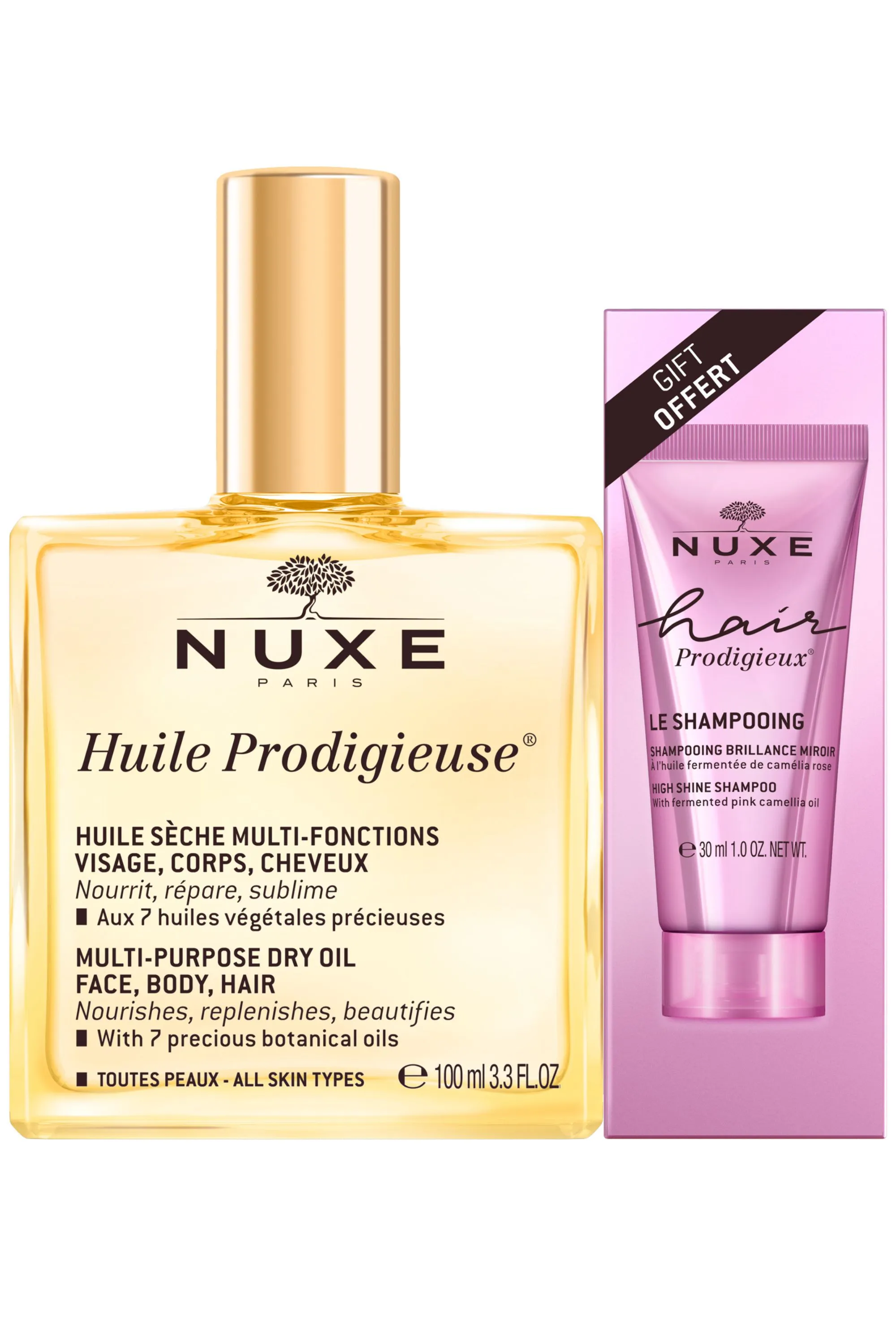 Nuxe Duo Huile Prodigieuse 100ml & shampoing Hair Prodigieux 30ml offert​-130 ml