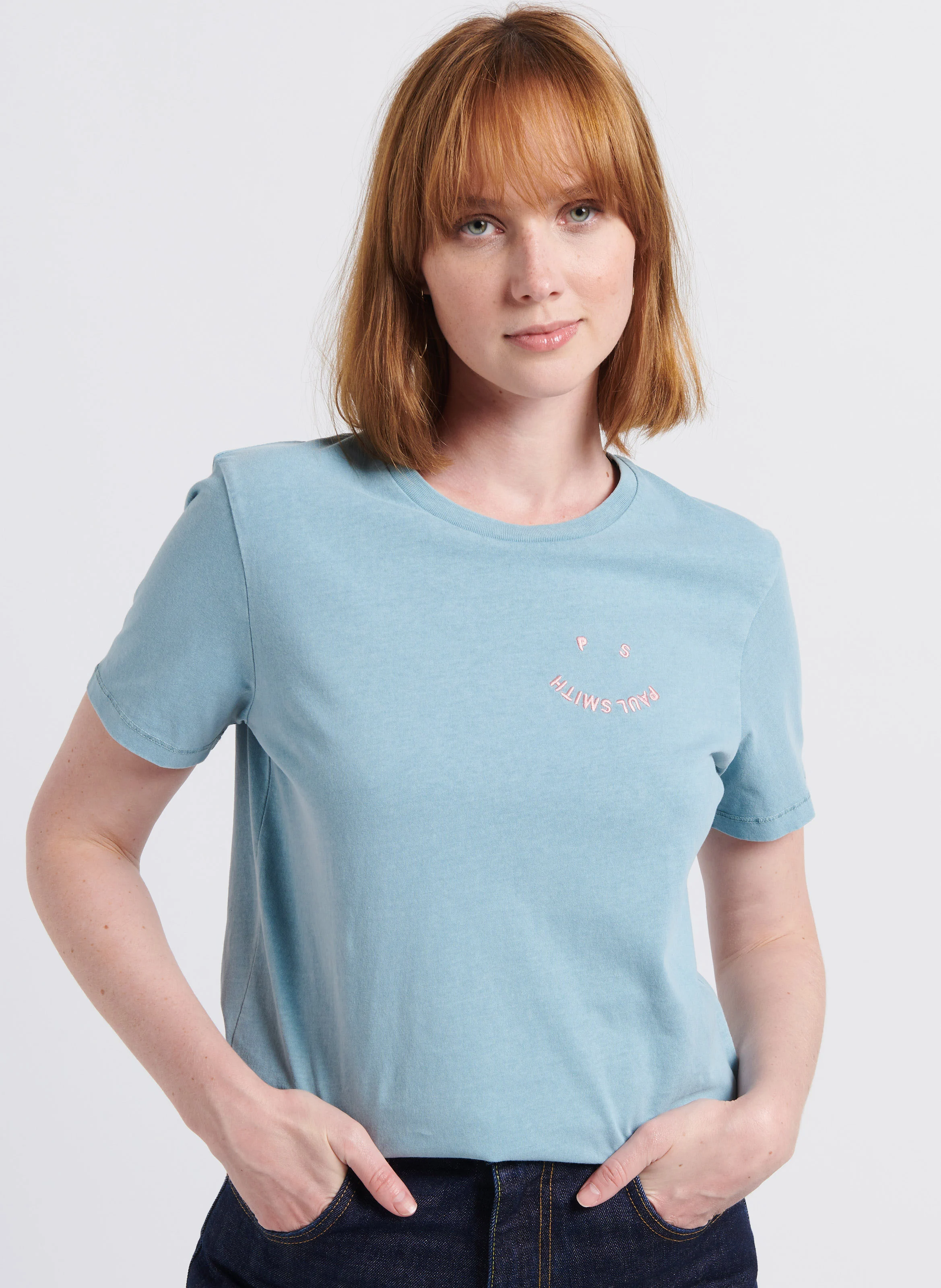 Tee-shirt col rond brodé en coton BIO | Bleu