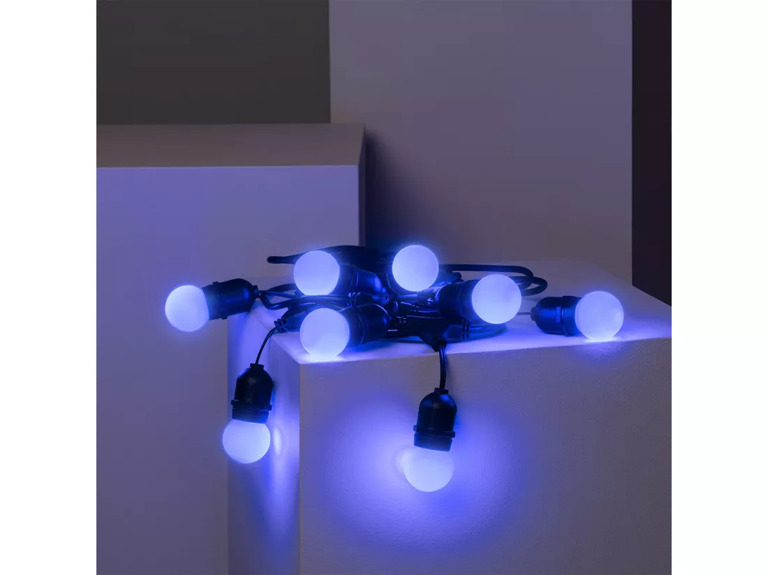Kit Guirlande Waterproof 5.5m Noire + 8 Ampoules LED E27 G45 3W de Couleurs Bleu