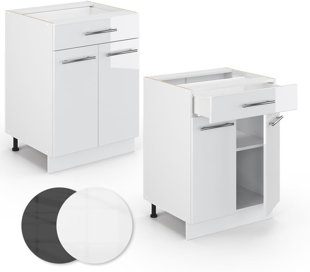 Vicco Küchenunterschrank Fame-Line, Weiß Hochglanz/Weiß, 60 cm mit Schublade, ohne Arbeitsplatte