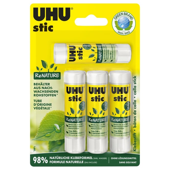 UHU stic - 4 Klebestifte - ReNATURE - 4 x 8,2 g - Vorteilspack