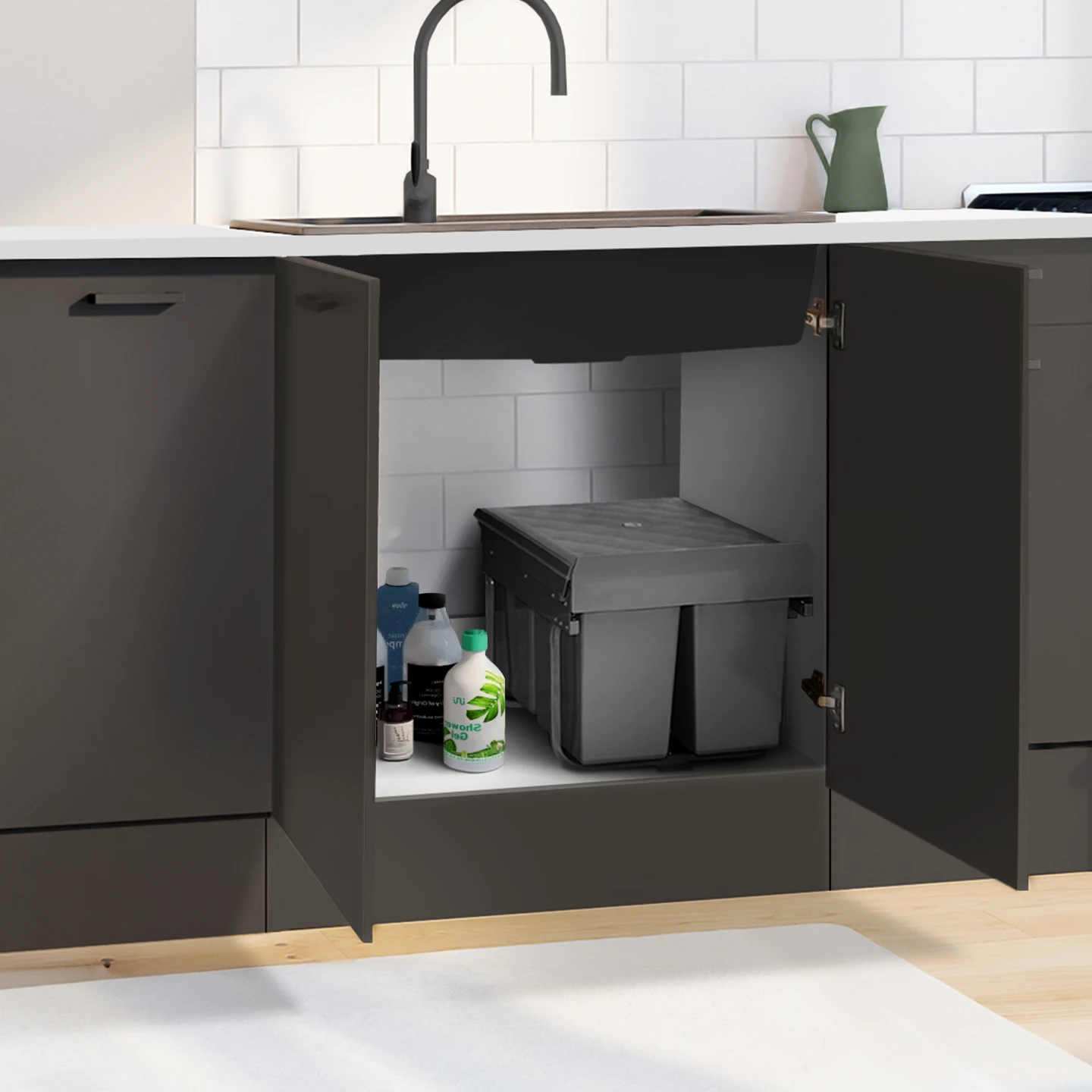 Poubelle de tri sélectif encastrable 3 compartiments amovibles 1x15L et 2x8L