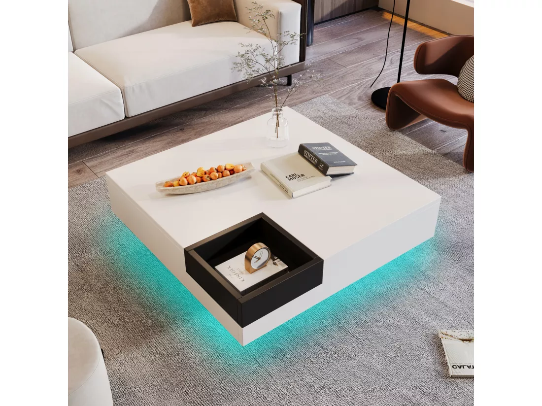 Table basse LED carré 72x72x30 cm, table de salon, table d'appoint avec boîte de rangement amovible, coloris blanc