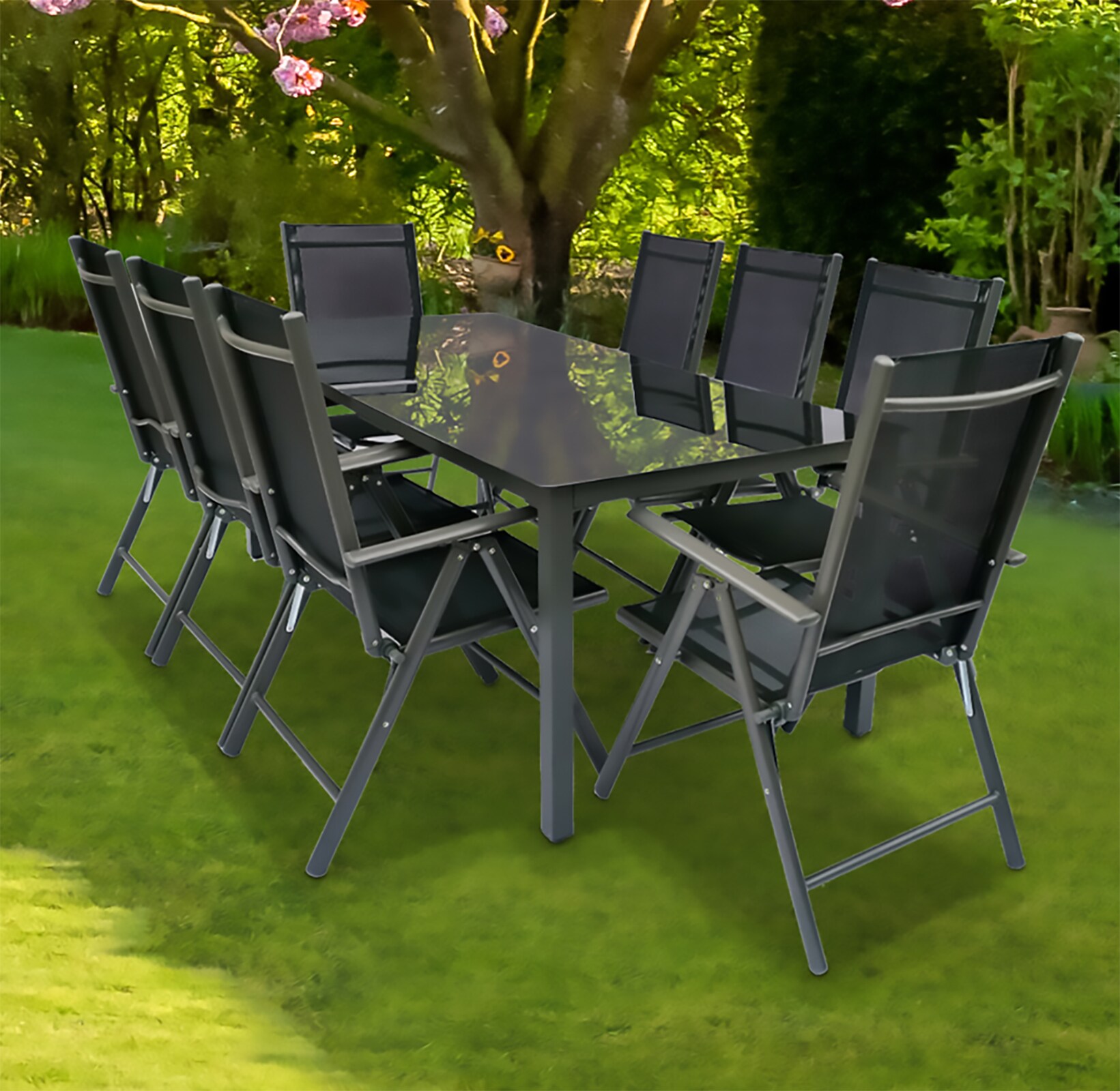 VCM 9 tlg. Set Gartenmöbel Alu Glas Gartenset Sitzgruppe Essgruppe Tisch Stühle 190 SW