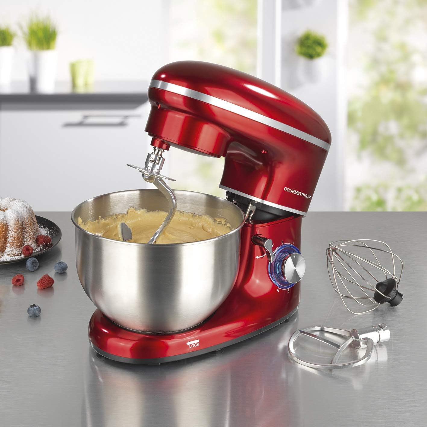 GOURMETmaxx Küchenmaschine mit Knet- und Rührfunktion | Leistungsstarke Küchenmaschine mit großer 5 Liter Edelstahlschüssel und Direktantrieb | Inkl. Rühraufsatz, Knethaken & Schneebesen [1.500 Watt]
