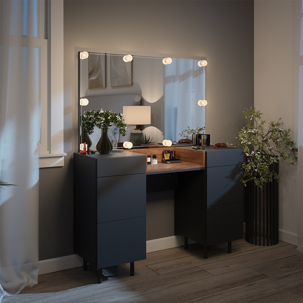 Vicco Schminktisch Anika mit Spiegel, LED-Lampen, 120 x 80 cm, Anthrazit Walnussbraun Schlafzimmer