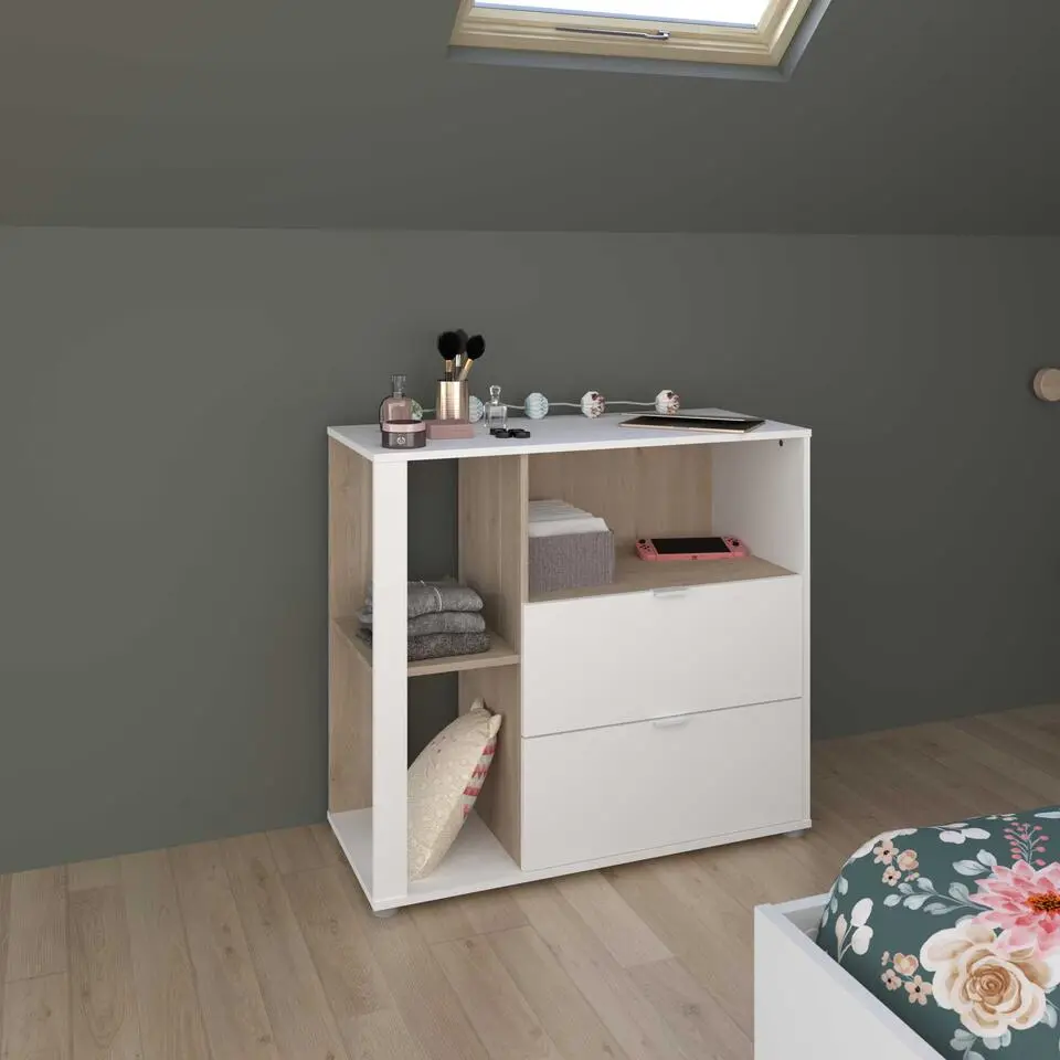 Commode Hardy - 91x40x83cm - 2 lades - wit/eik