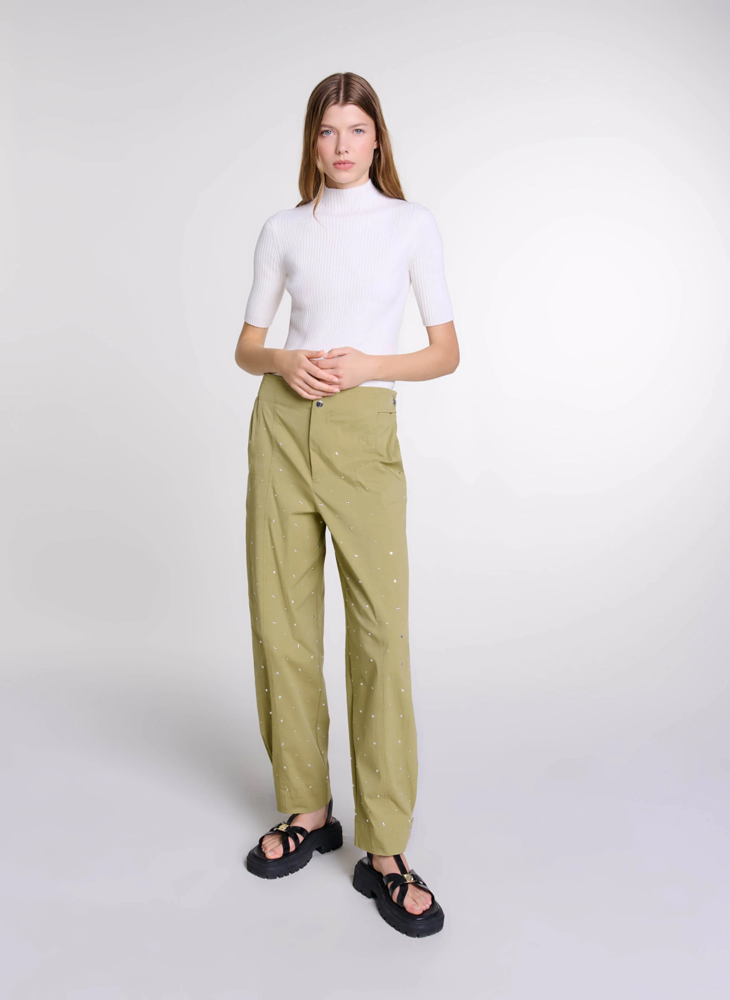 Top col rond en coton mélangé | Beige