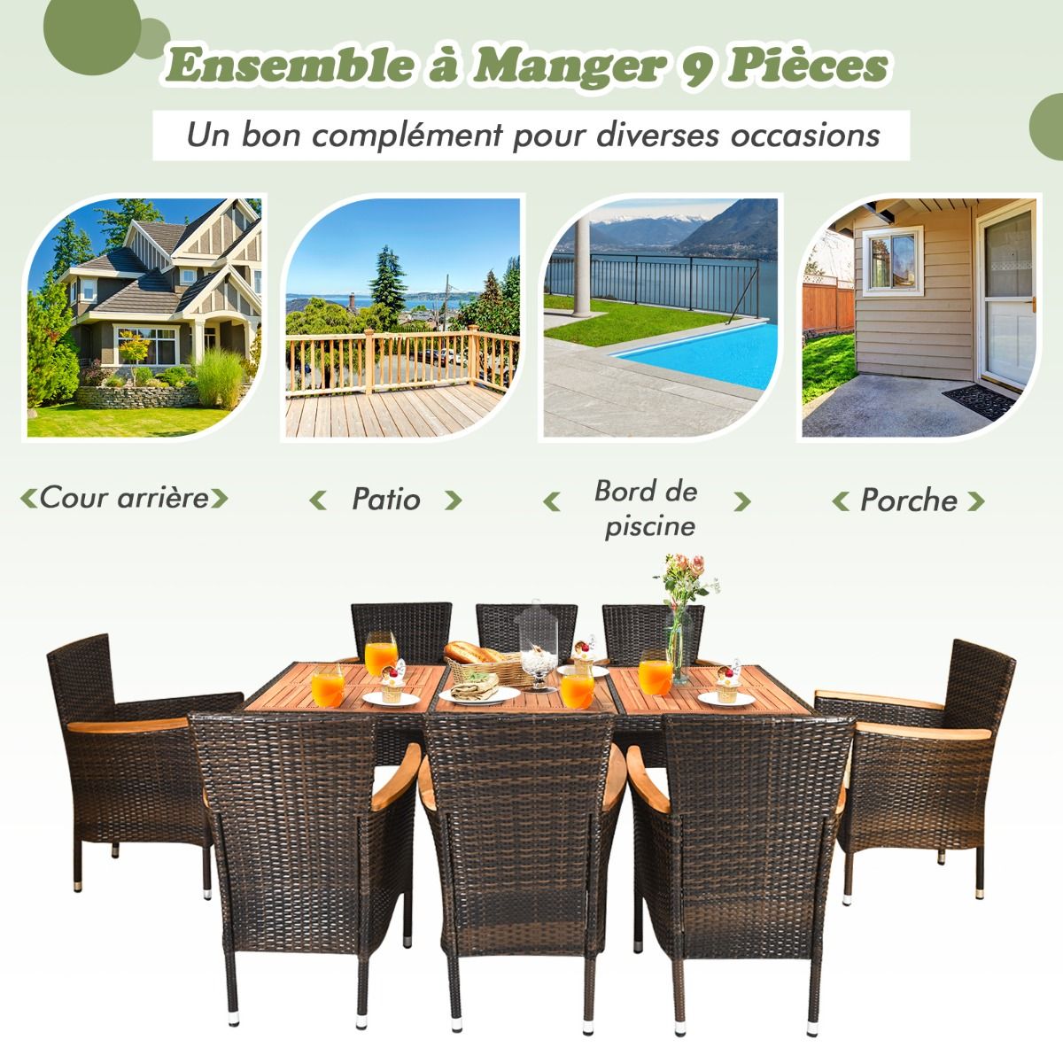 Salon de Jardin en Rotin 9 Pièces pour 8 Personnes Plateau de Table en Acacia Ensemble de Salle à Manger avec Coussins Amovibles Charge 160KG - Lidl-Manfred