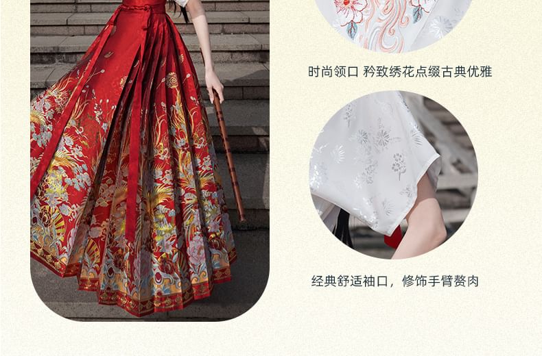 Fioridi - Hanfu-top met korte mouwen en bloemenborduursel / Maxi-A-lijn rok met hoge taille en plooien van jacquard / Ketting met imitatieparels
