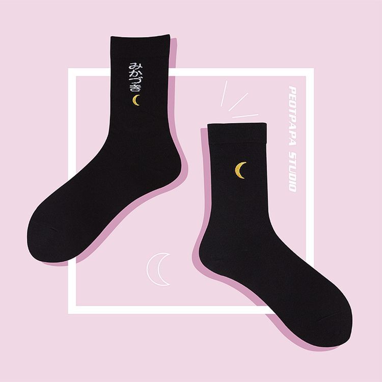 Loverly - Japanse letters en maanpatroon sokken