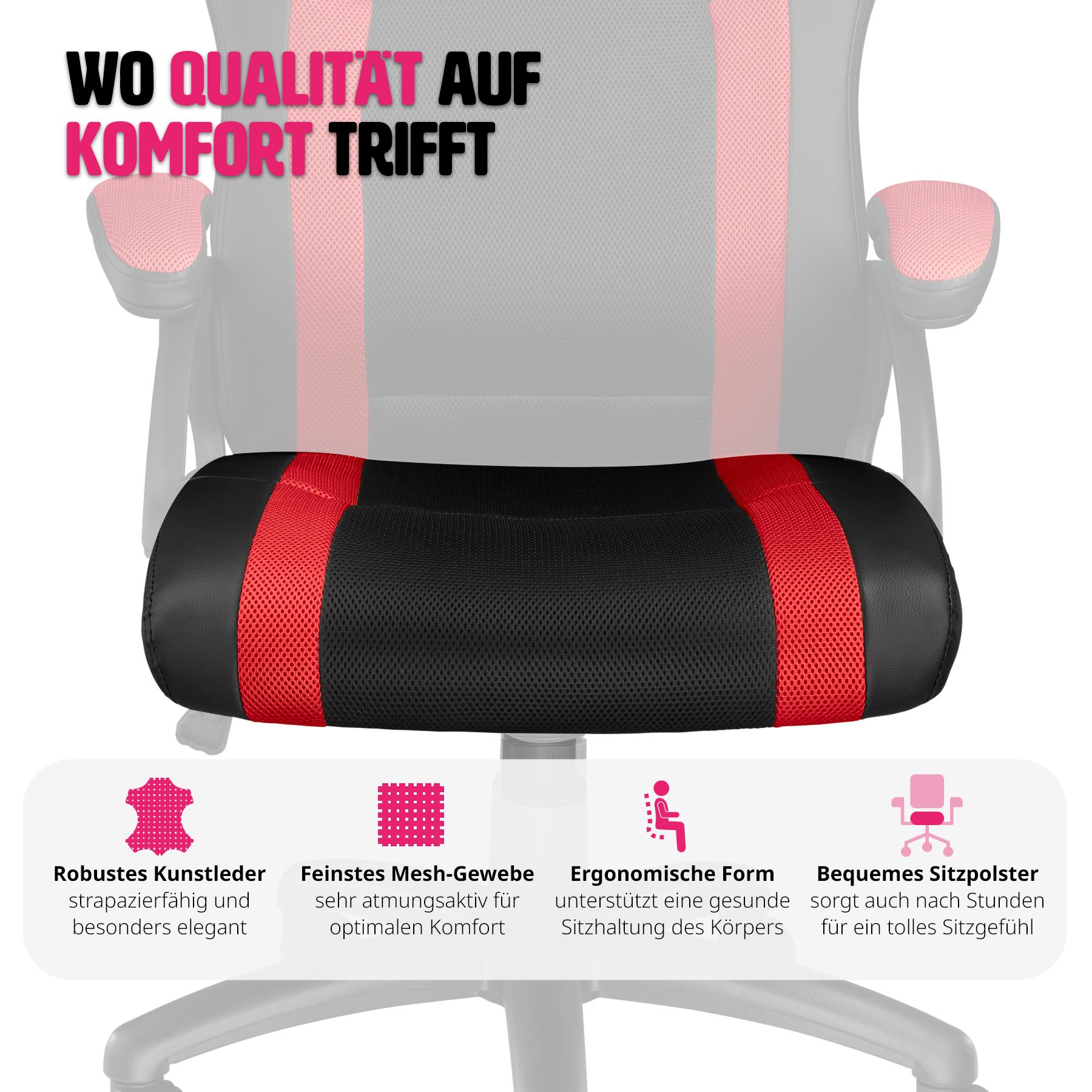 tectake® Bürostuhl, ergonomische Form, Kunstlederbezug mit Mesh-Gewebe, Belastbarkeit 120 kg