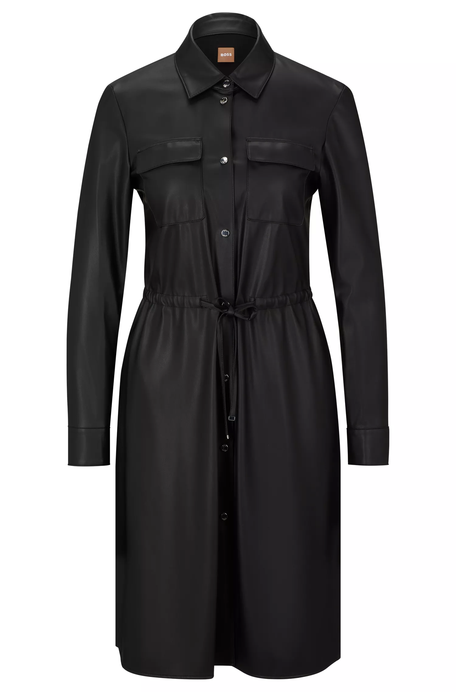 Vestido camisa BOSS preto, corte regular, em couro sintético.