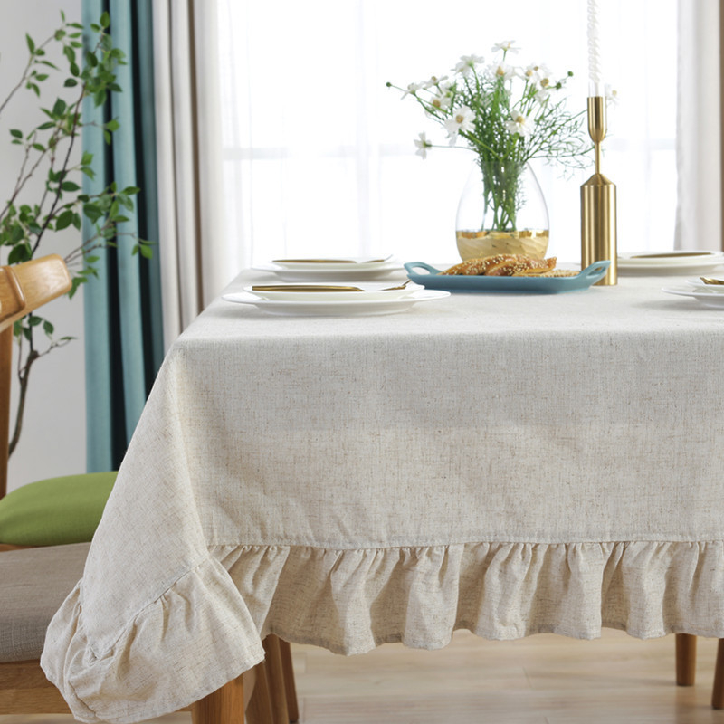 (140x260cm) Leinen  Tischdecke Esszimmer Boho Deko Hygge Lifestyle Tisch Tuch mit Rüschen - Beige