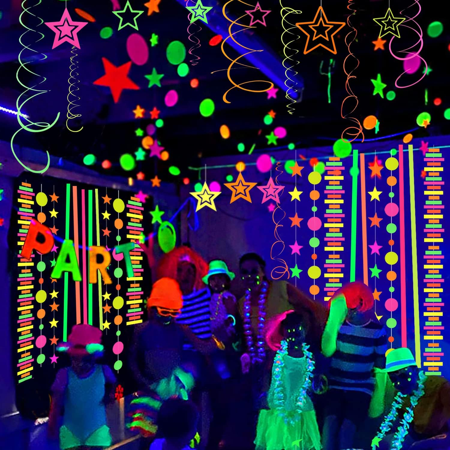 (28-tlg. Set) Neon UV Girlande Party Deko Glow in the Dark Spiral Accessoire inkl. Aufhänger / Krepp Papier - Stern / Kreis