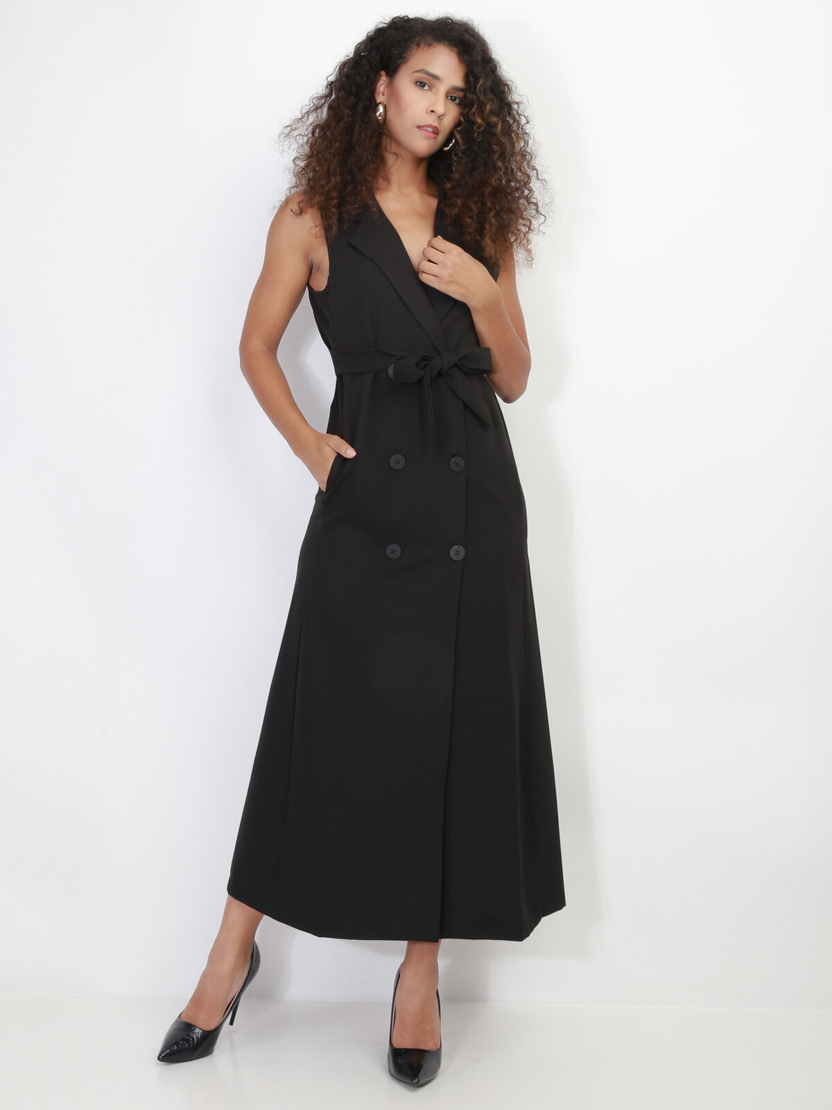 Robe longue style blazer à nouer- Noir