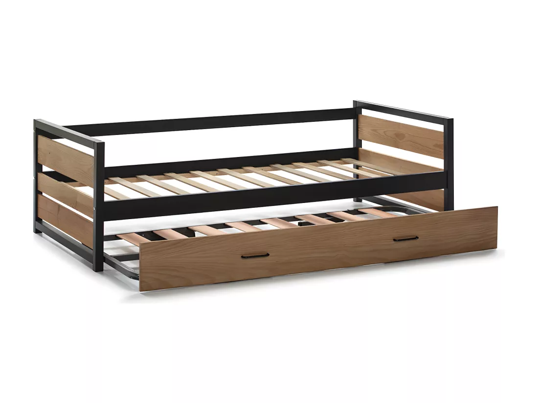 Lit gigogne industriel BOSTON - 2 x 90 x 190 cm - MDF, Pin et métal - Coloris : Noyer et anthracite