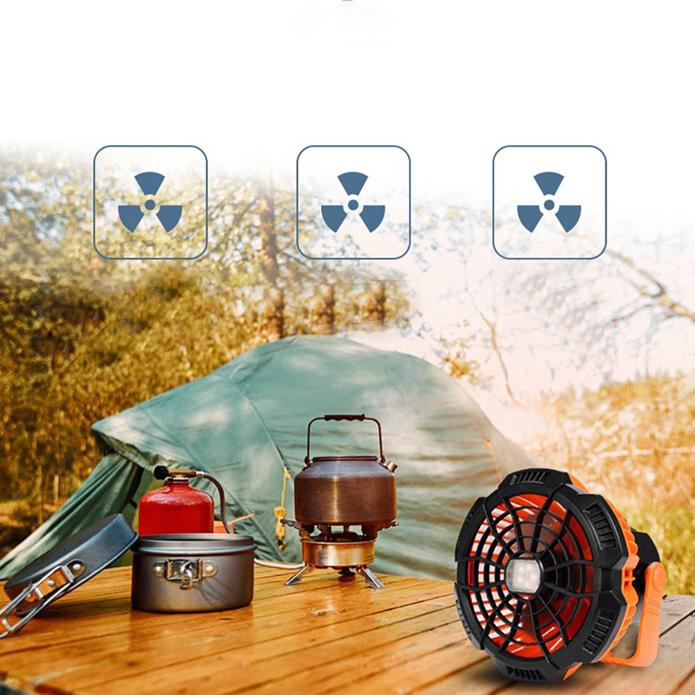 (Ø16cm) USB Outdoor Ventilator LED Camping Lüfter Wiederaufladbar 1200mAh mit Handschlaufe   Haken - Orange / Schwarz