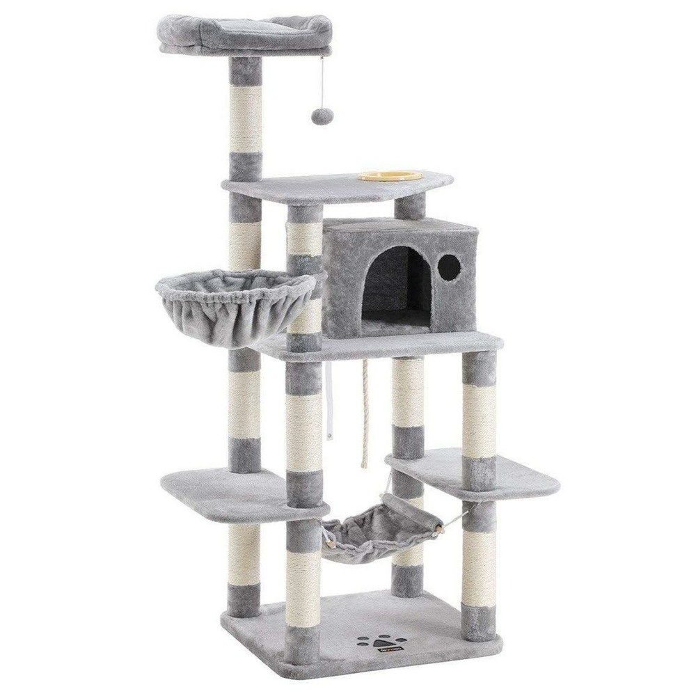 Arbre à chat hauteur de 174 cm multi-niveaux avec bol panier niche maison de jeu meubles pour chatons chats et félins couleur