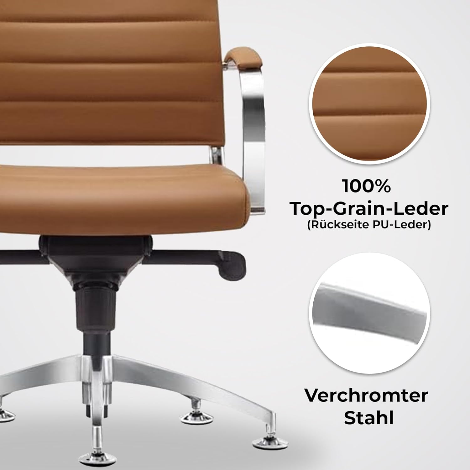 Konferenzstuhl Cádiz - Chromgestell - mit vielen ergonomischen Funktionen (Leder, Cognac)