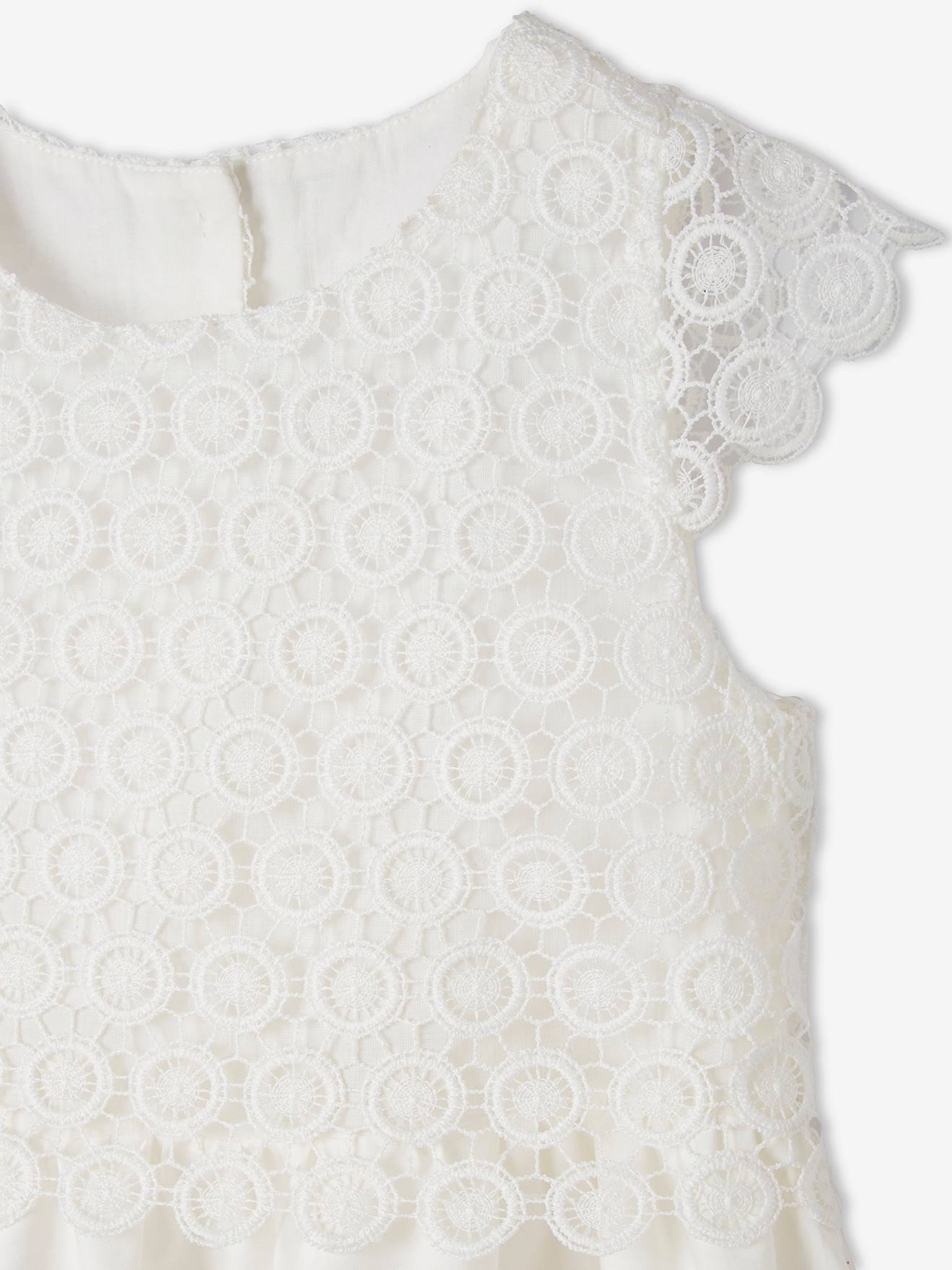 Vestido formal 2 em 1 com sobreposição de macramê, para meninas, branco claro liso