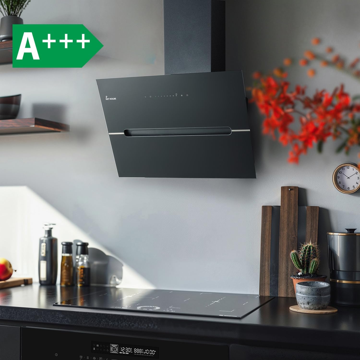 KKT KOLBE Dunstabzugshaube 80 cm | 782 cbm/h Umluft Abluft | Kopffrei | Wandhaube | Schwarz Glas | Smart WiFi App WLAN | RGBW-LED-Beleuchtung | ECCO8005SM