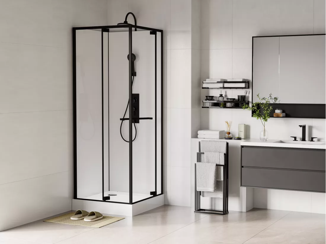 Cabine de douche installation réversible - Hauteur ajustable - Blanc et noir - L80 x l80 x H209/225 cm - BADONI