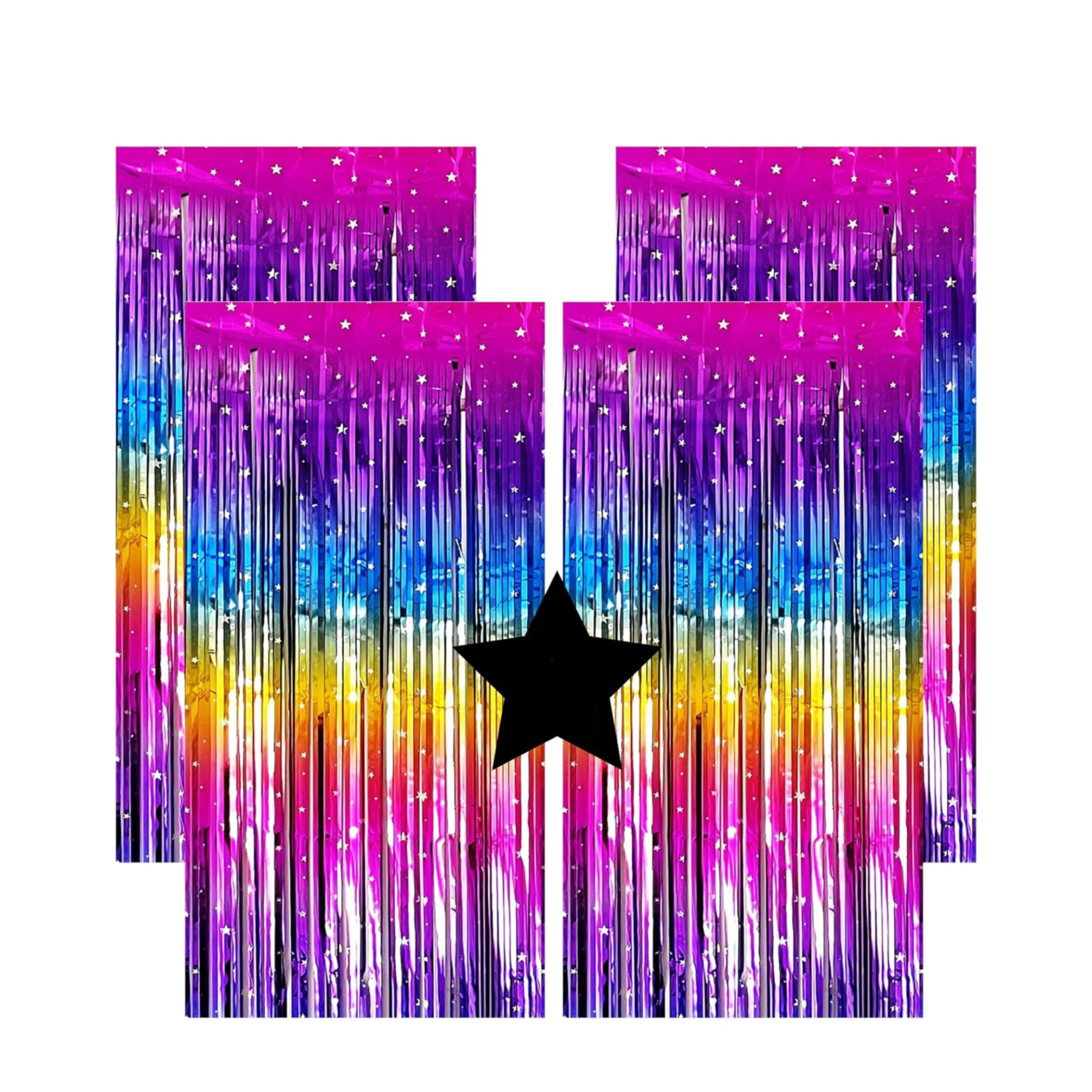 (4er Set) 2x1m Party Deko Lametta Glänzender Fransen Vorhang Dekoration Foto Hintergrund im Stern Design - Regenbogen