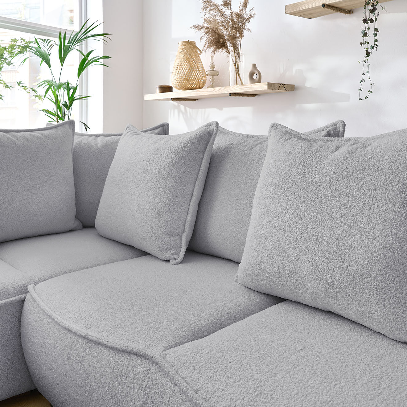 Bobochic Canapé d'angle L gauche convertible bouclette Léon gris clair - 257x90x194 cm