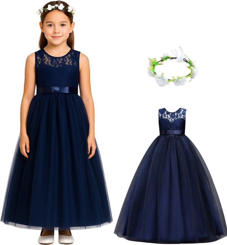 Joya Kids - Communie Jurk - Donker Blauw - Bruidsmeisjes Jurk - Prinsessen Jurk - Feestjurk
