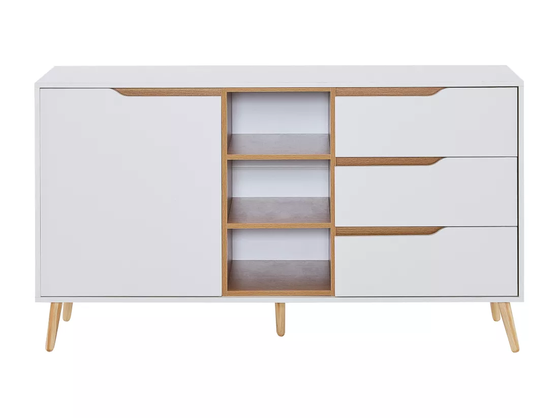 Buffet avec 1 porte et 3 tiroirs - 140 x 40 x 80,5 cm - Bois MDF - Design anti-basculement - Blanc + naturel
