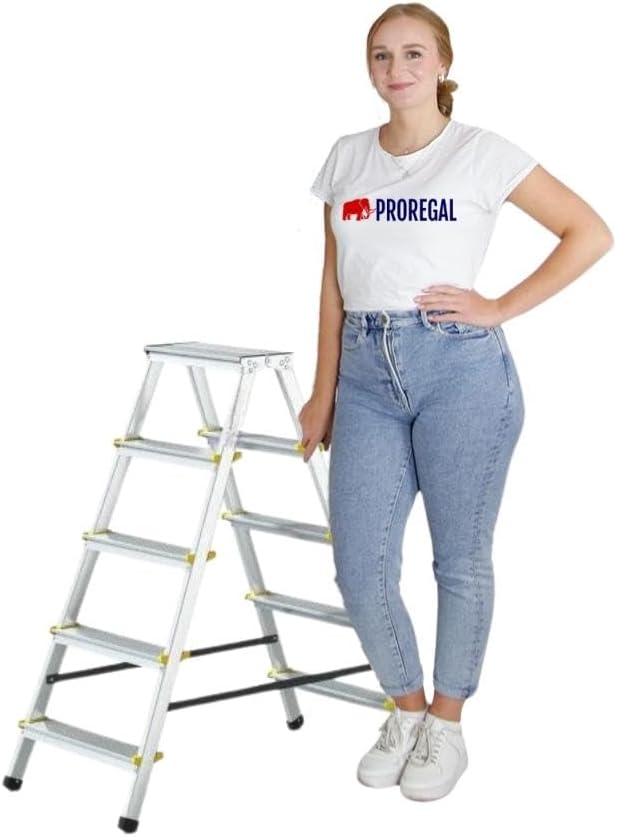 PROREGAL Economy Basic Trapladder, dubbelzijdig toegankelijk, 2 x 5 treden, werkhoogte 3,03 m, draagvermogen 150 kg