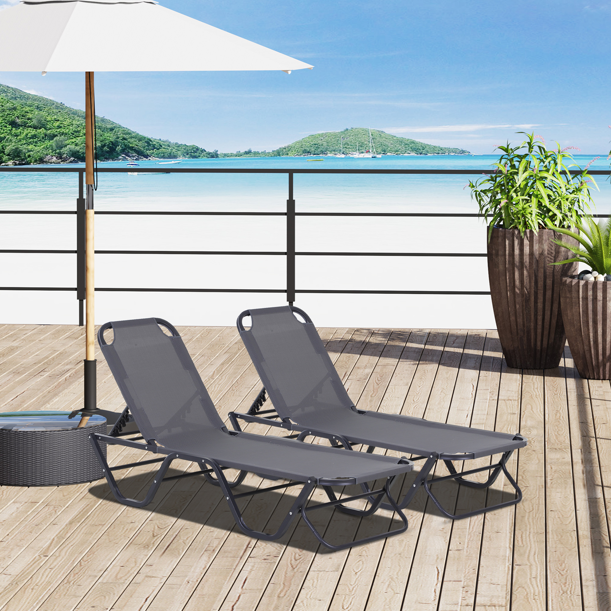 Conjunto de 2 espreguiçadeiras reclináveis de alumínio Outsunny, espreguiçadeiras de jardim com encosto ajustável em 4 posições, capacidade de carga de 120 kg, para terraço, piscina e praia, 163 x 58,5 x 91 cm, cinza