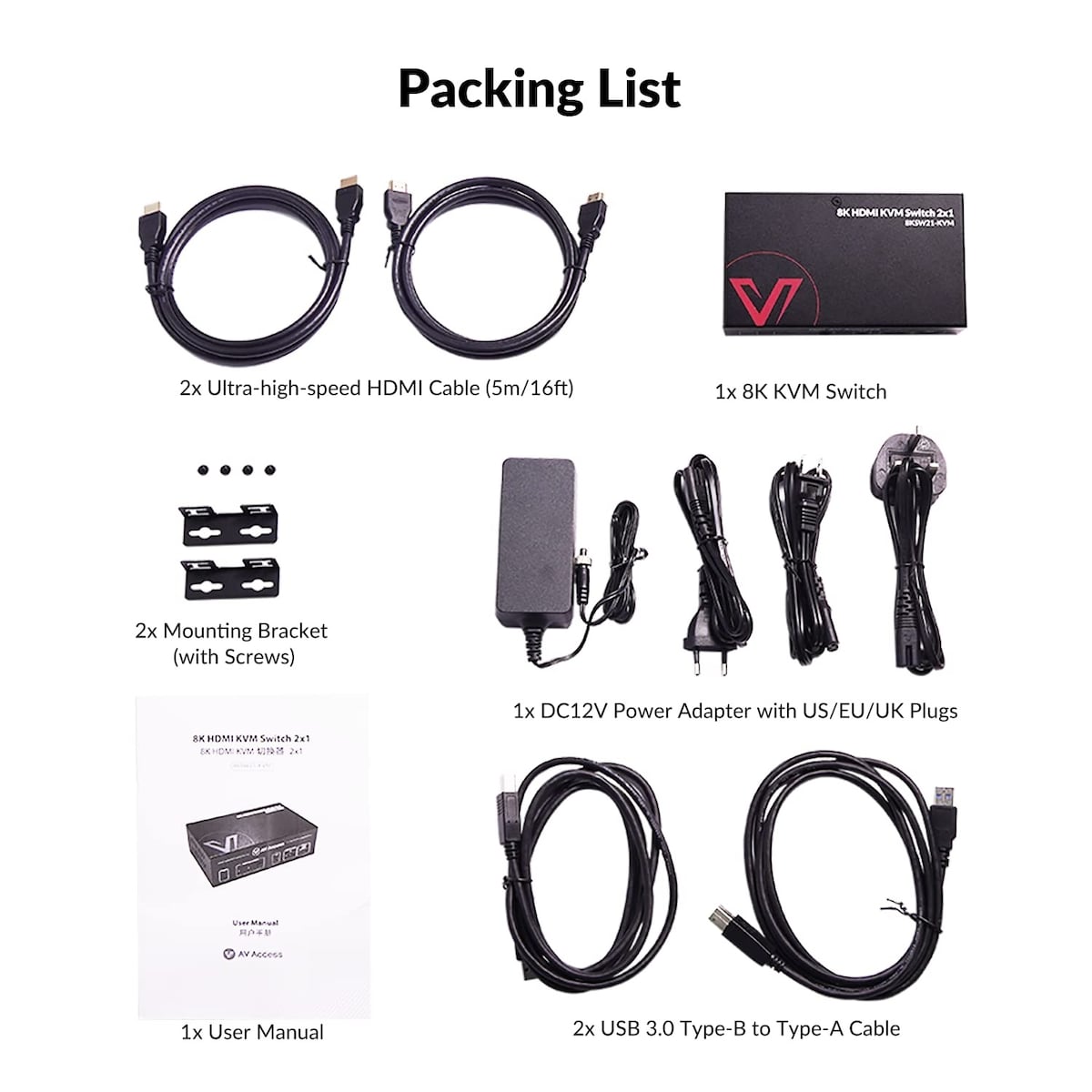 AV Access HDMI 2.1 KVM Switch 2 datamaskiner 1 skjerm, 8K60Hz, 5x USB-A