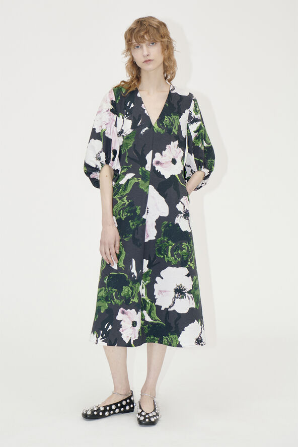 Stine Goya 3/4 Volume Sleeves Midi Dress, 2259 Structure Stretch Umber windflower