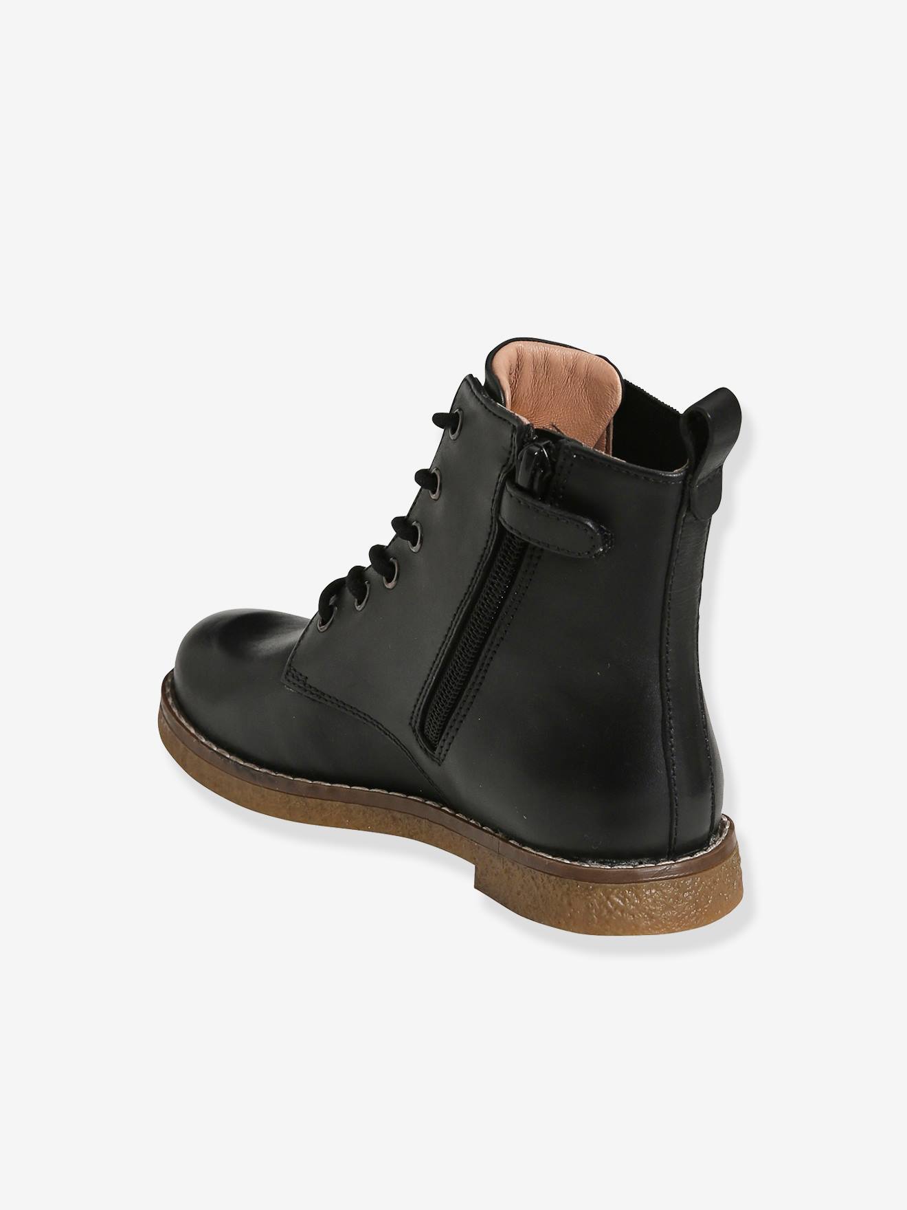 Botas de cano alto com cadarço e zíper em couro, para meninas, pretas lisas com estampas.