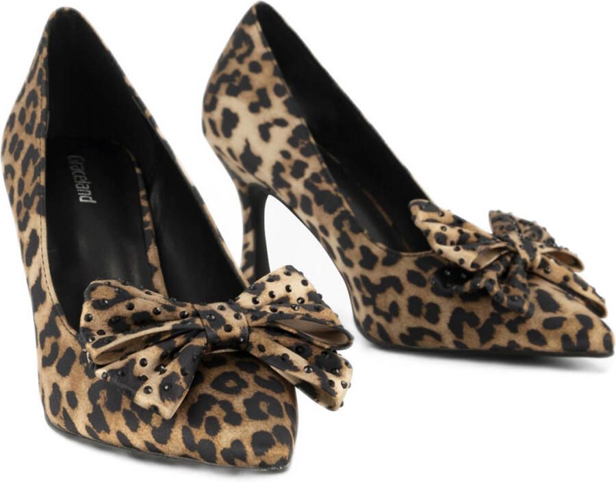 Graceland satijnen pumps met panterprint en strikje beige zwart