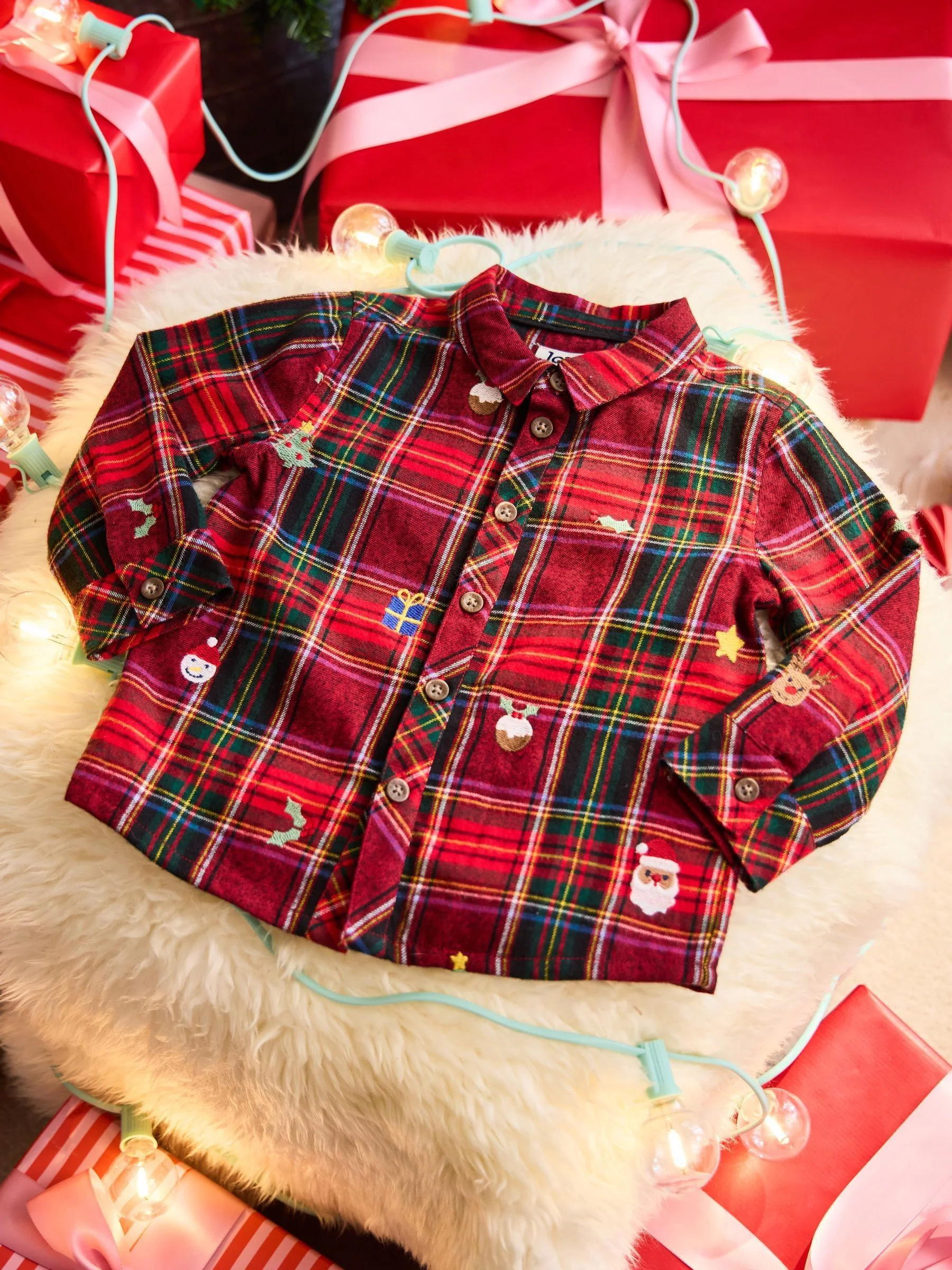 JoJo Maman Bébé geborduurd Ruit Kerstmis overhemd