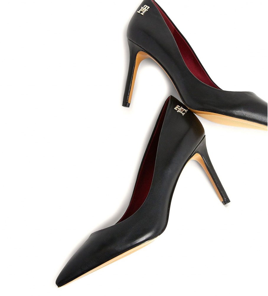 Sapatos de salto alto Tommy Hilfiger Essential em couro com bico fino, pretos - Altura do salto: 9,5 cm -