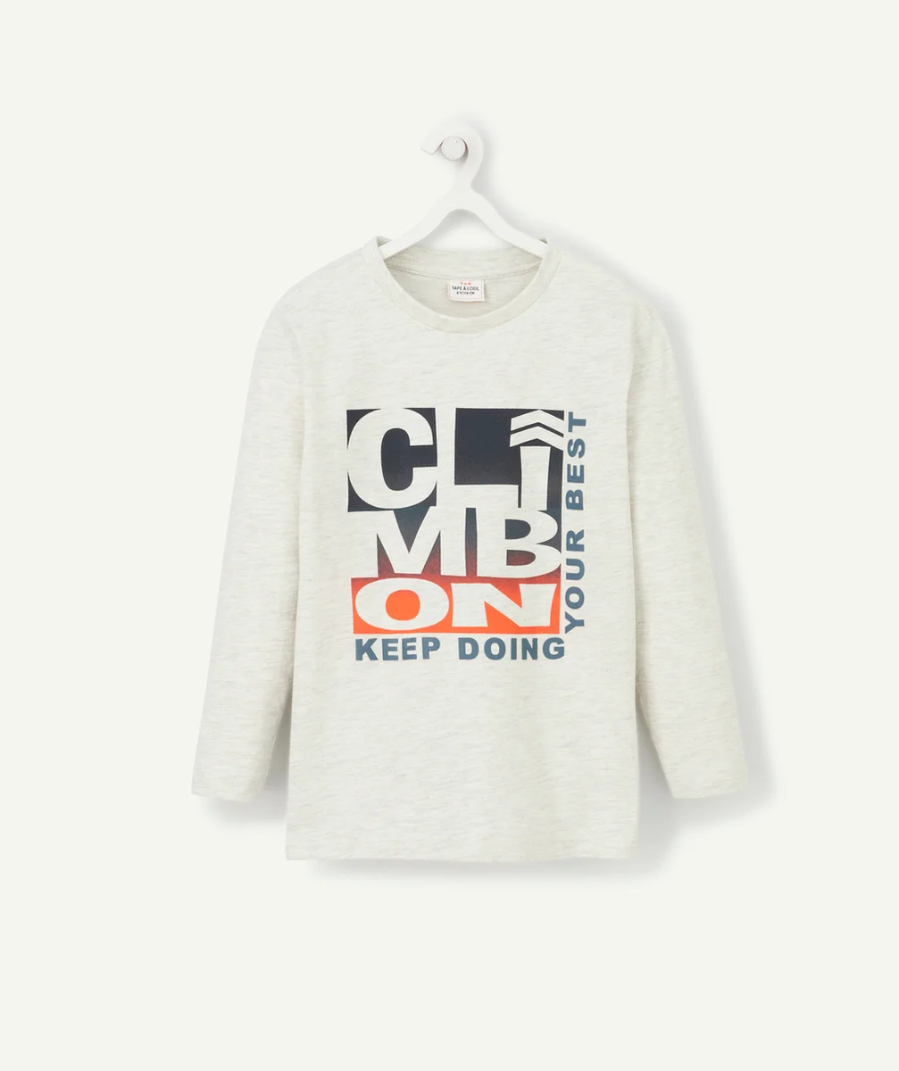 T-SHIRT GRIS CHINÉ EN COTON AVEC MESSAGE FLOQUÉ GARÇON