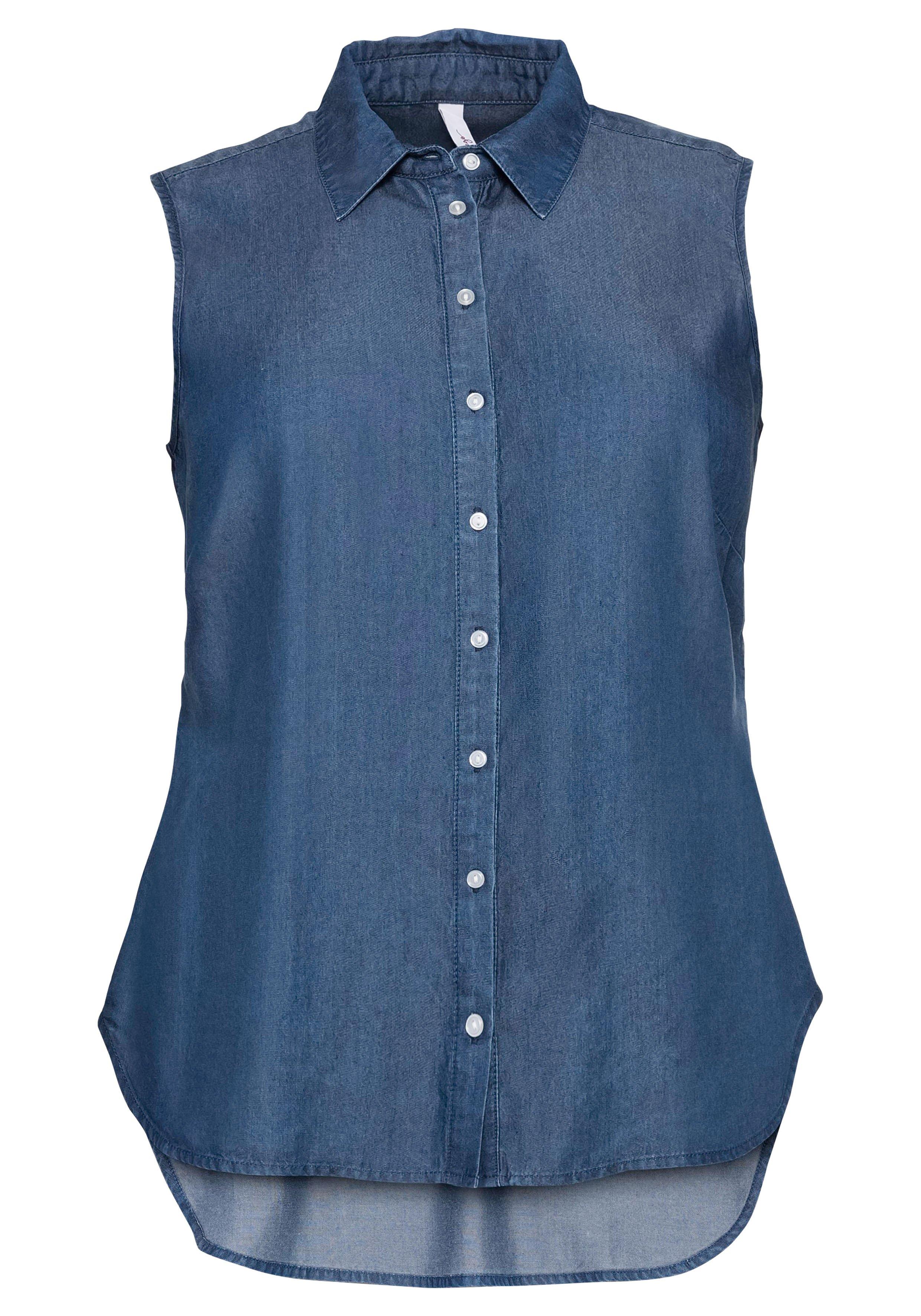 Ärmellose Bluse in Denim-Optik, hinten länger