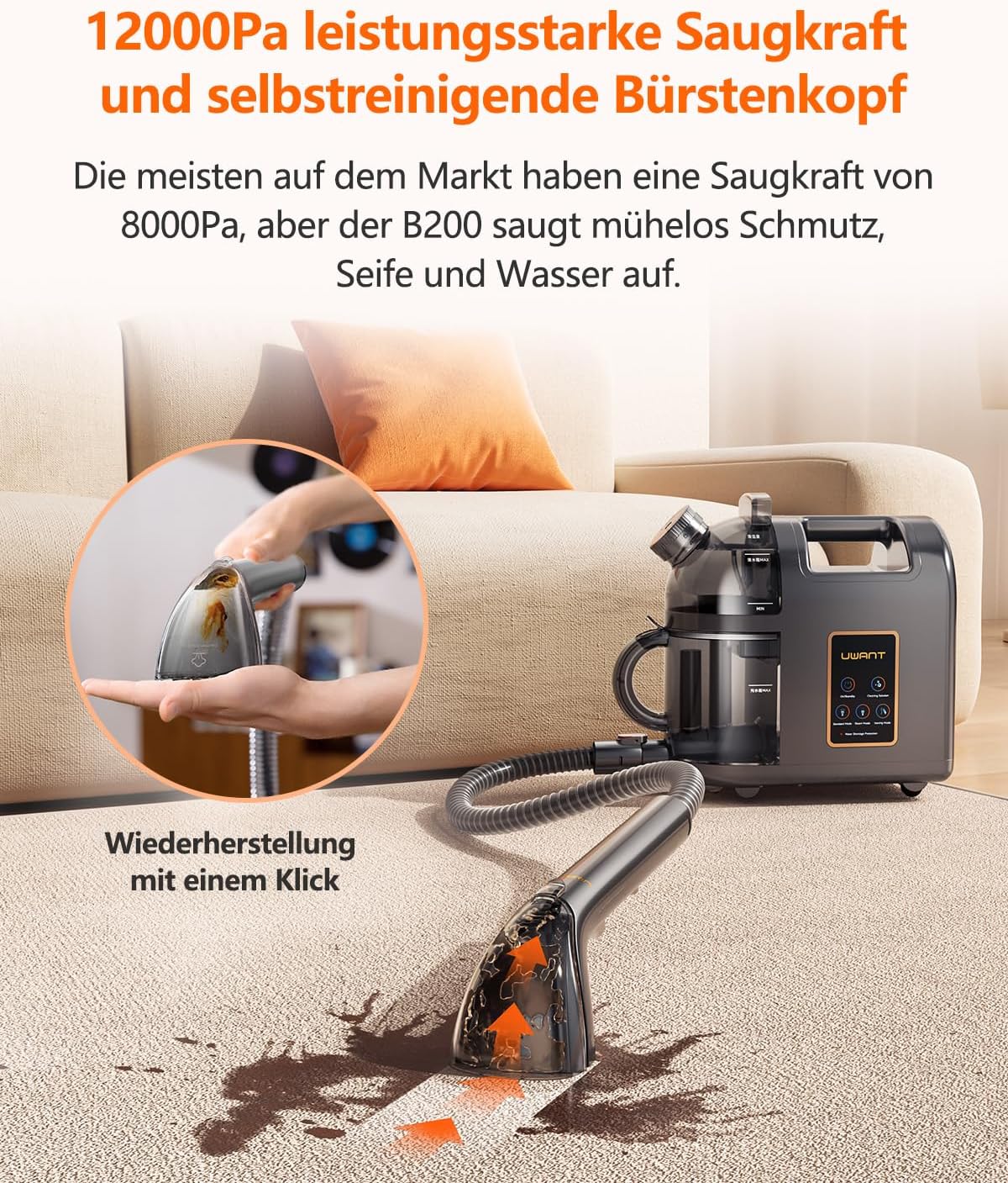 Uwant B200, Polsterreiniger Gerät, 1900W, Dampfreinigungsfunktion | Für Teppiche, Sofas, Vorhänge, Kleidung | 74DB, 12000Pa