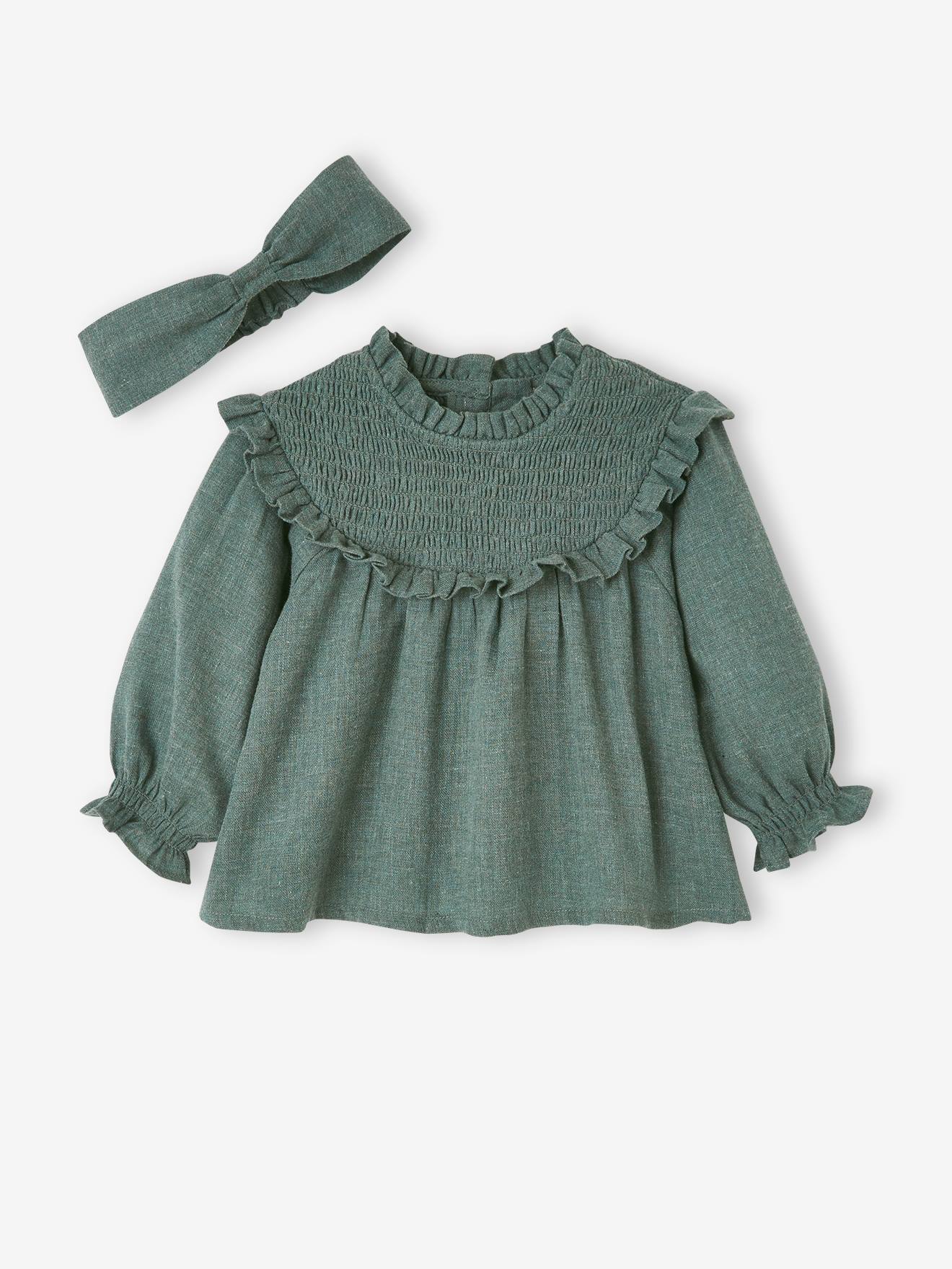 Blusa com avental e faixa de cabelo combinando, para bebê, verde acinzentado escuro