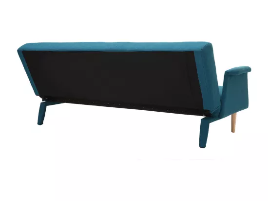 Canapé convertible scandinave 3 places en tissu bleu canard et bois clair OSCAR